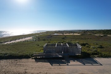 Aerial view of a long empty beach on the island of Marthas Vineyard