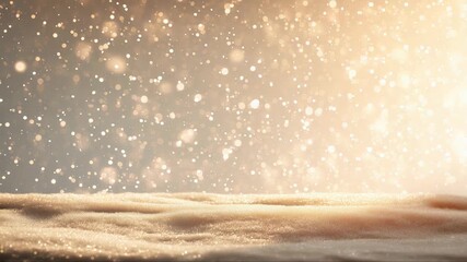 Glistening golden snowflakes falling softly across pristine white landscape, emanating warm festive glow capturing winter holiday enchantment