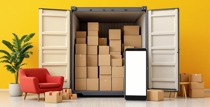 Open shipping container filled with cardboard boxes and smartphone mockup in modern interior with red chair and plant on yellow background. Ai generative. Ai generative