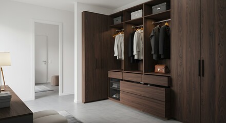 Modern walk-in closet with organized suits and accessories, creating an elegant, sophisticated space