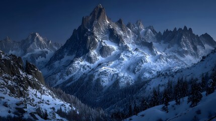A breathtaking vista of snow-capped mountains, bathed in the cool hues of a winter dawn.