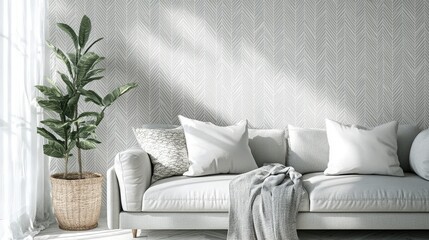 Bright living room with white sofa pillows and a plant in a woven basket near window