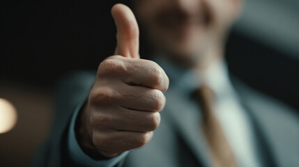 A person giving a thumbs up wearing a suit and tie showing approval and agreement in a dark setting