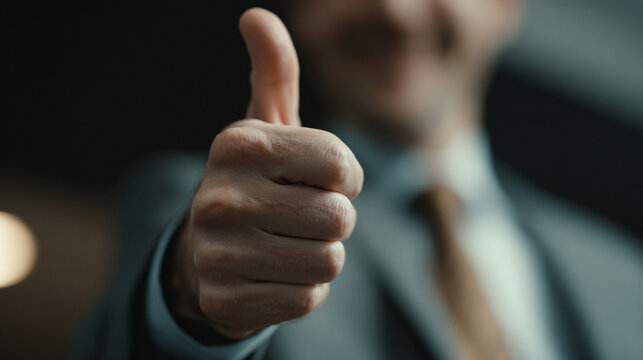 A person giving a thumbs up wearing a suit and tie showing approval and agreement in a dark setting