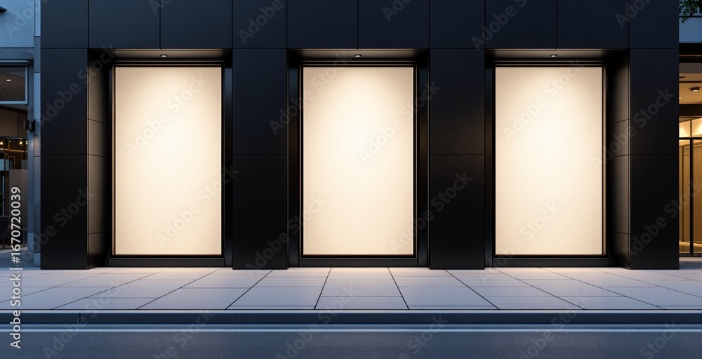 Poster urban storefront with three large illuminated blank poster mockups for business advertisement on mod