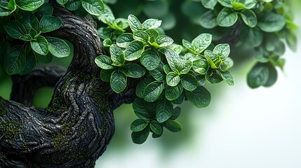 Close up photo of a beautiful bonsai tree trunk and lush green leaves against blur background