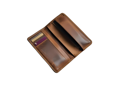 brown leather bi-fold wallet revealing internal card slots, no background