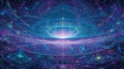 Mindscape of overlapping geometric galaxies merging into a singularity, neon fractal patterns, futuristic visionary art, high resolution
