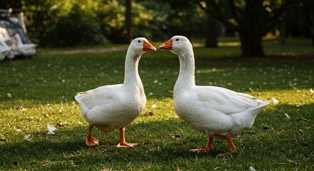 Obraz premium Serene encounter of white geese amidst a vibrant green meadow in the sun's golden light