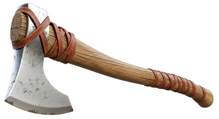 A detailed render of a rustic axe with wooden handle and leather wrapped grip isolated on white