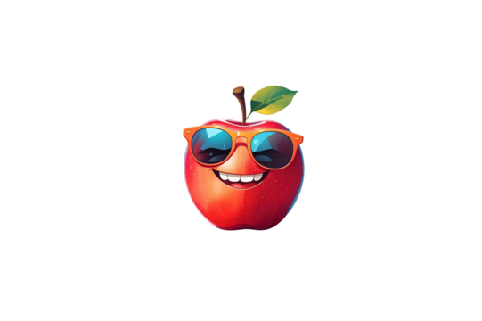 cheerful red apple wearing cool blue sunglasses, no background