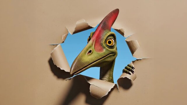 Playful Pteranodon Peeking Through Torn Paper - A friendly cartoon Pteranodon playfully emerges from a hole in a piece of tan paper against a solid background.