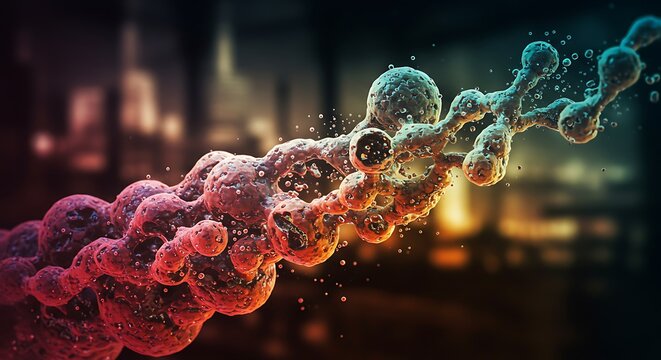 Molecular structure with vibrant gradients against a blurred cityscape backdrop