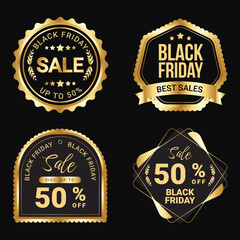 Four golden black friday sale badges on a plain black background