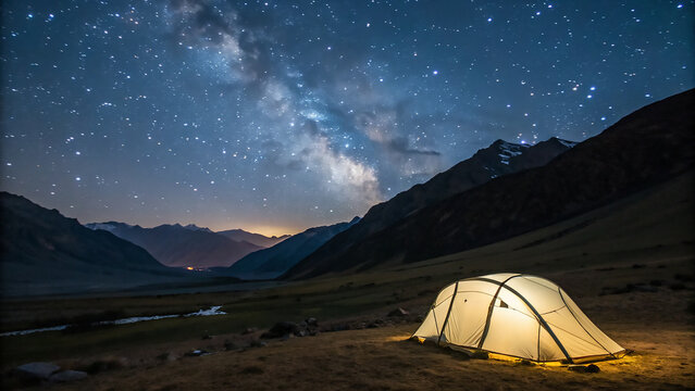 Glowing tent under a starry night sky with milky way