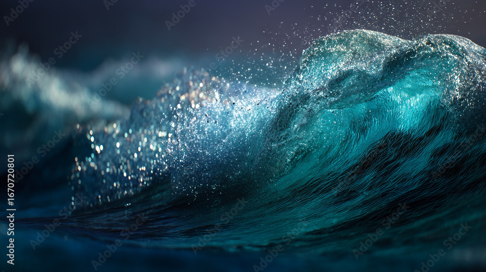Poster A mesmerizing view of a large wave crashing with water droplets and foam in the ocean at twilight