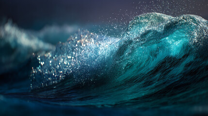 Obraz premium A mesmerizing view of a large wave crashing with water droplets and foam in the ocean at twilight