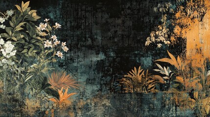 Abstract floral painting featuring white blossoms and golden foliage on dark ground