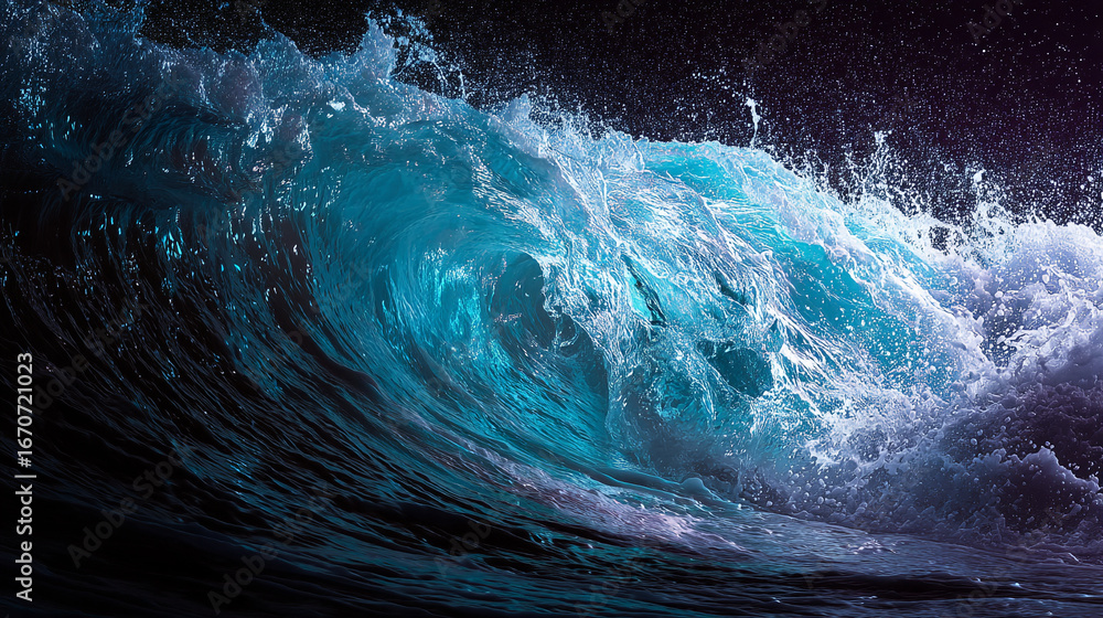 Aufkleber a dynamic ocean wave curling and crashing with intense energy against a dark and moody backdrop