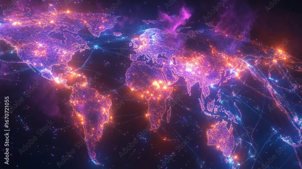 Poster connecting the globe a glowing world map with bright linking lines digital visualization global envi