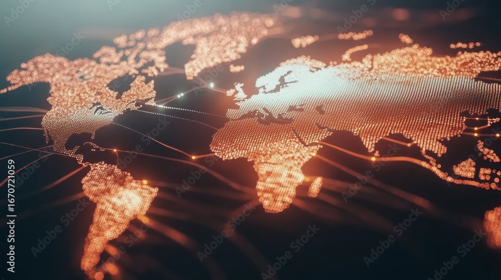 Poster global connectivity a glowing world map with bright linking lines in a technological environment