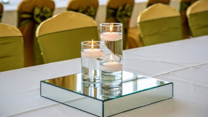 Floating candles in glass vases on a mirror base for wedding decoration