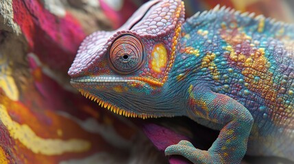 Close up of a colorful chameleon with intricate skin patterns and a focused gaze ahead