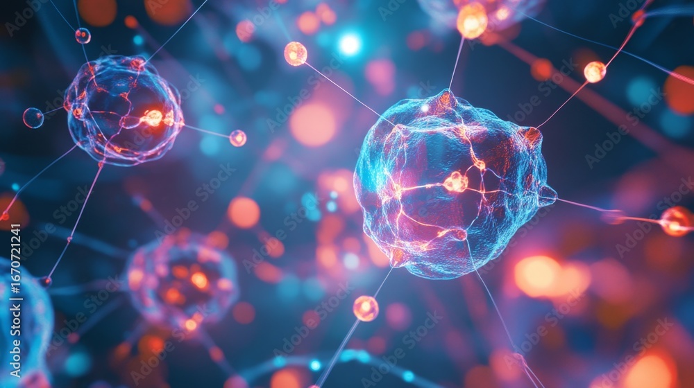 Poster exploring a glowing digital network of interconnected cells in a virtual environment a futuristic vi