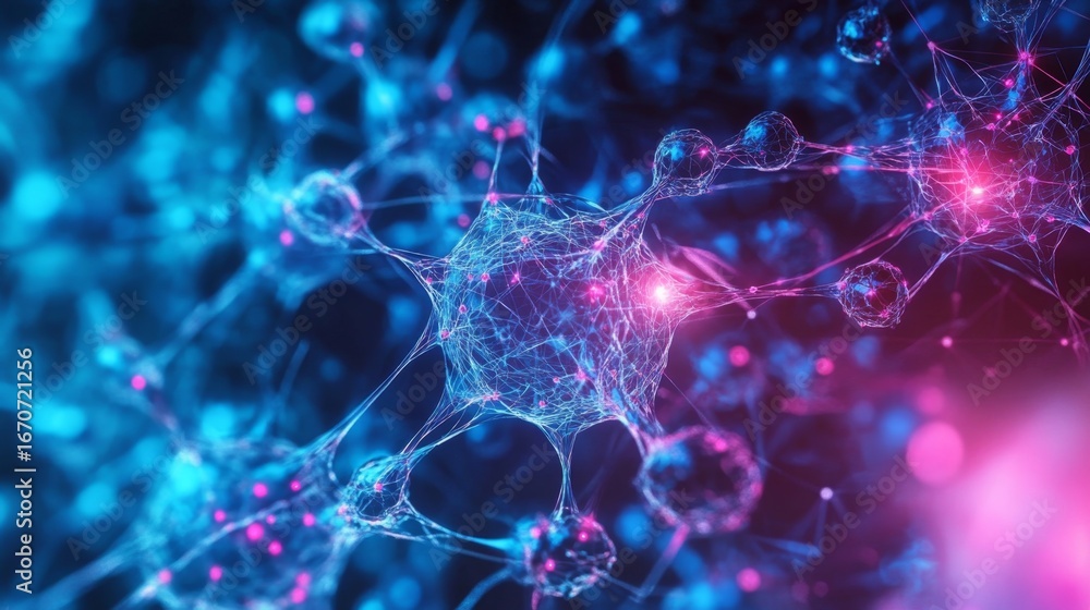 Poster exploring a glowing digital network of interconnected cells virtual environment visual content abstr
