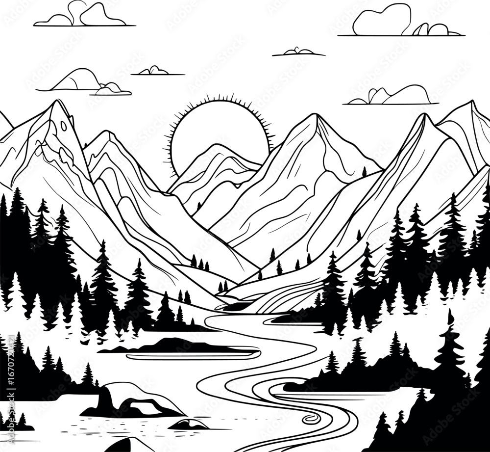 Poster mountain landscape continuous line drawing. minimalist nature outline with pine trees and river in e