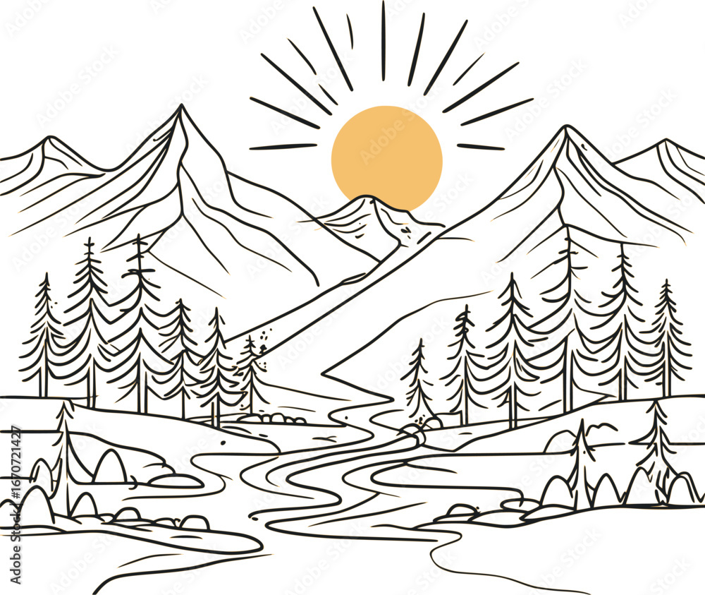 Poster mountain landscape continuous line drawing. minimalist nature outline with pine trees and river in e