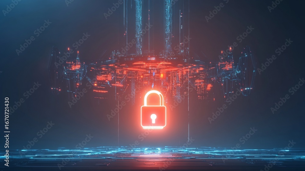 Poster illuminating security lock suspended above a futuristic network digital art cybersecurity environmen