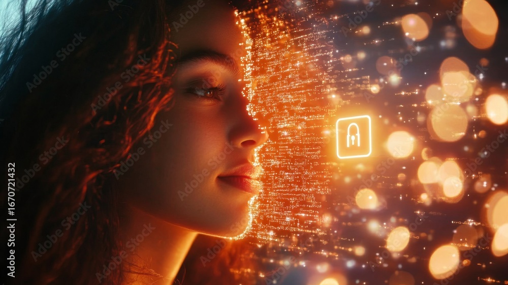 Poster enhancing data security with a glowing lock icon visualizing protection in the digital realm