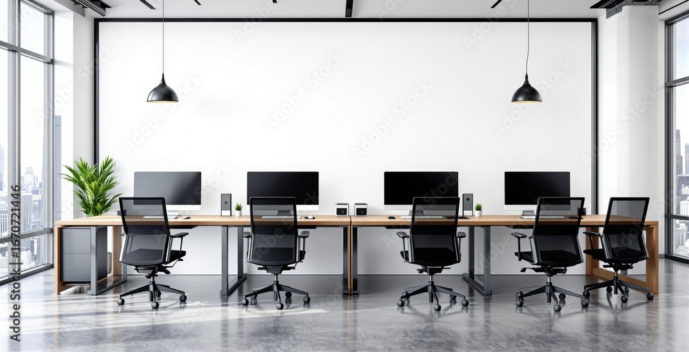 Poster modern open space office with six ergonomic workstations and computers in minimal design, city view 