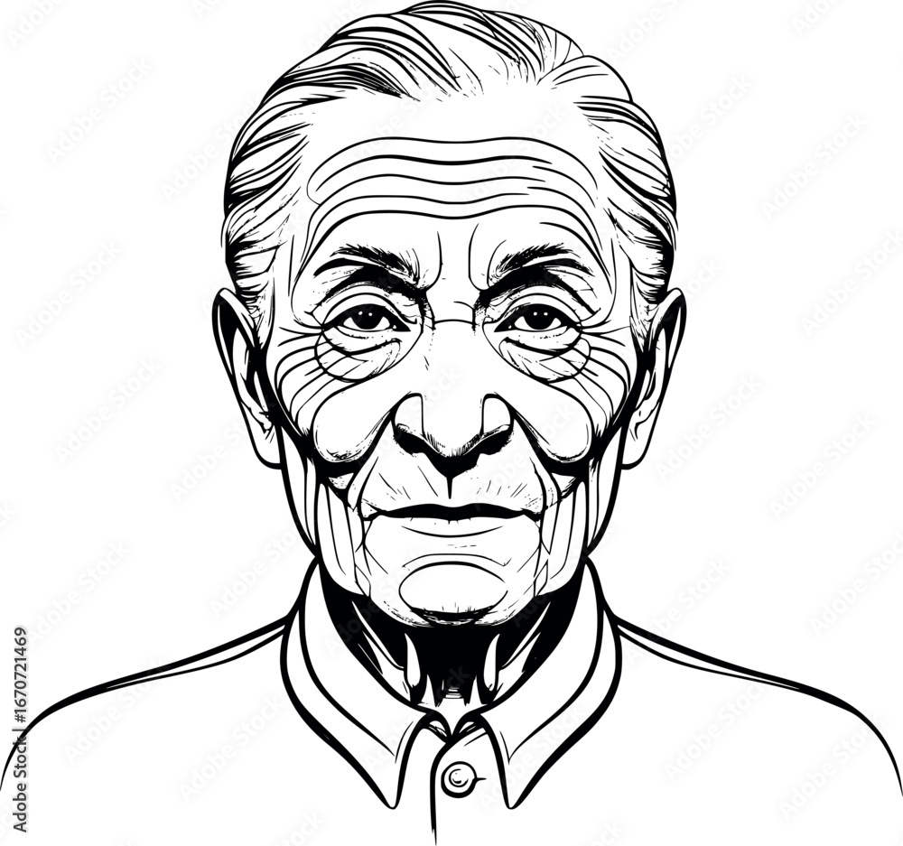 Poster elderly character portrait continuous line drawing. expressive stylized outline capturing wisdom and