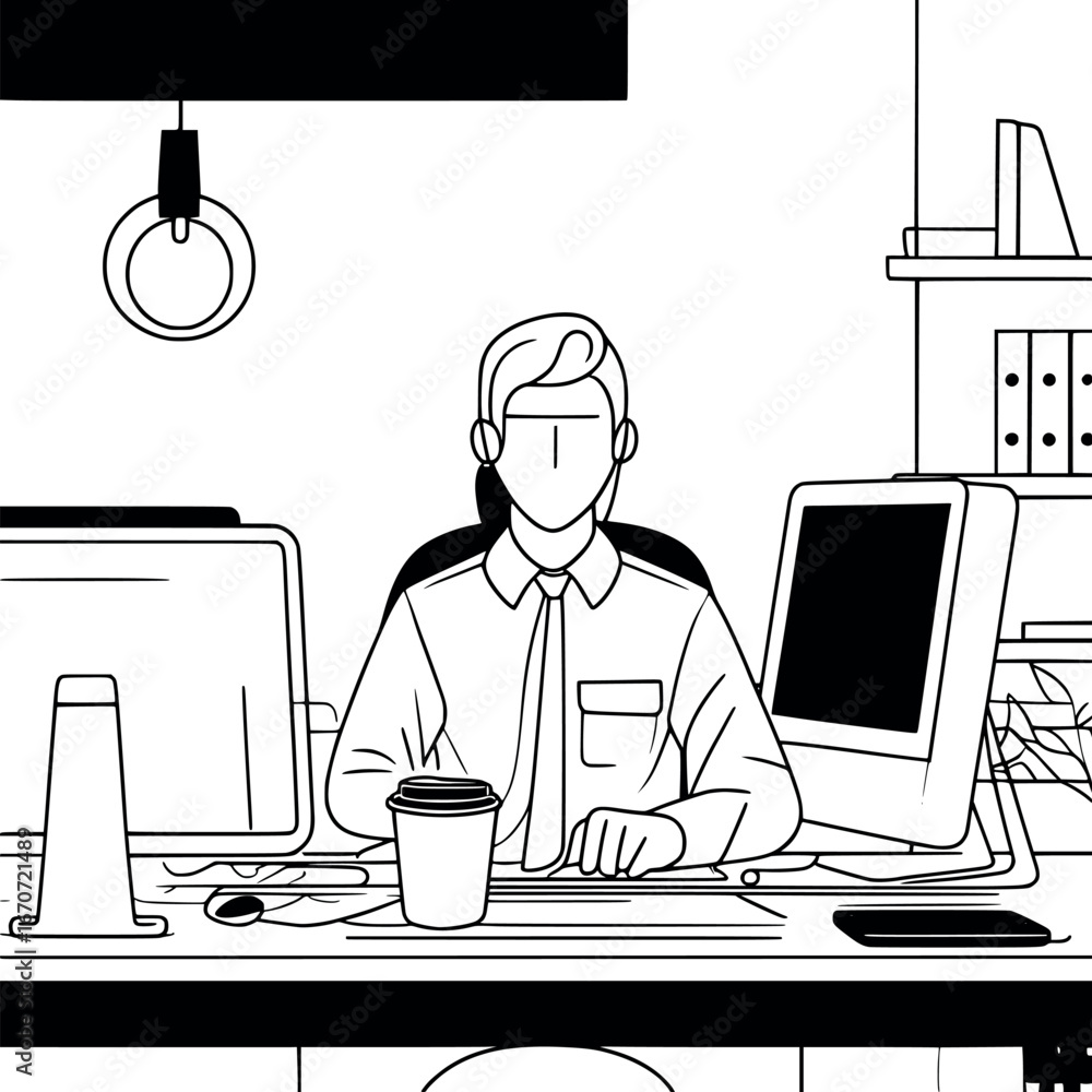Poster one line drawing of office worker at desk. continuous outline illustration of business professional 