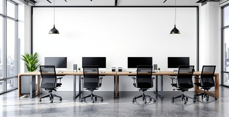 Modern open space office with six ergonomic workstations and computers in minimal design, city view windows and white wall background. Ai generative