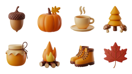 Autumn Icons: Acorn, Pumpkin, Coffee, Tree, Honey, Campfire, Boots, Maple Leaf