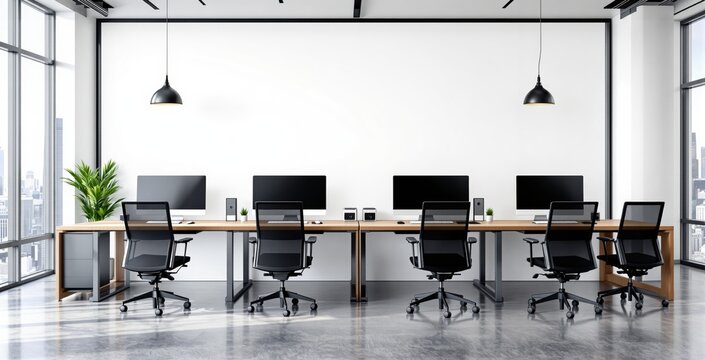 Modern open space office with six ergonomic workstations and computers in minimal design, city view windows and white wall background. Ai generative