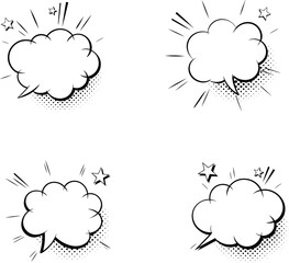 Set of comic speech bubbles, pop art style, cartoon text clouds, hand-drawn effects, expressive dialogue elements, vintage comic design.