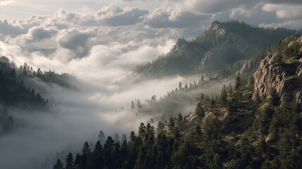 A view of a mountain range covered in fog with trees and rocks on the side of the mountainside area