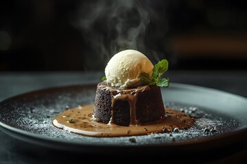 Decadent chocolate lava cake with melting ice cream and mint steaming.