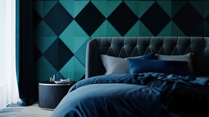 Interior view of a bedroom with a bed and a diamond patterned wall in shades of bluegreen