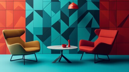 Living room setup featuring two chairs and a table against a geometric patterned wall