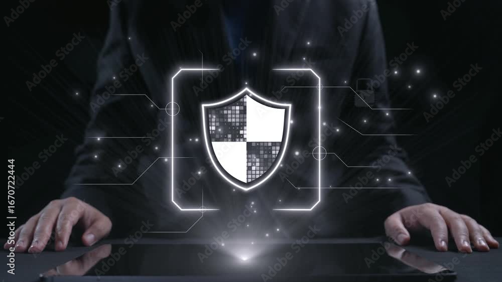 Poster hands on a tablet display a shield graphic symbolizing digital security, surrounded by icons represe