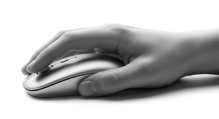 A human hand holding a computer mouse against a clean white background in black and white