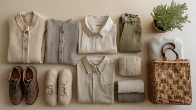 A pile of clothes and shoes on a table. A brown bag is on the right. Capsule wardrobe organized neatly with minimal earth tone clothes, sustainable fashion practices, clean neutral beige background