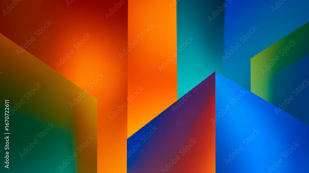 Poster abstract colorful geometric shapes with gradients in orange blue and green hues creating a modern de