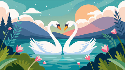 love swans on the lake vector illustration