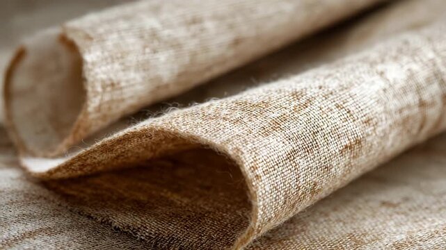 A roll of brown fabric with a hole in the middle. The fabric is folded and has a pattern. Closeup bamboo fabric texture, sustainable fashion practices, clean neutral muted tone